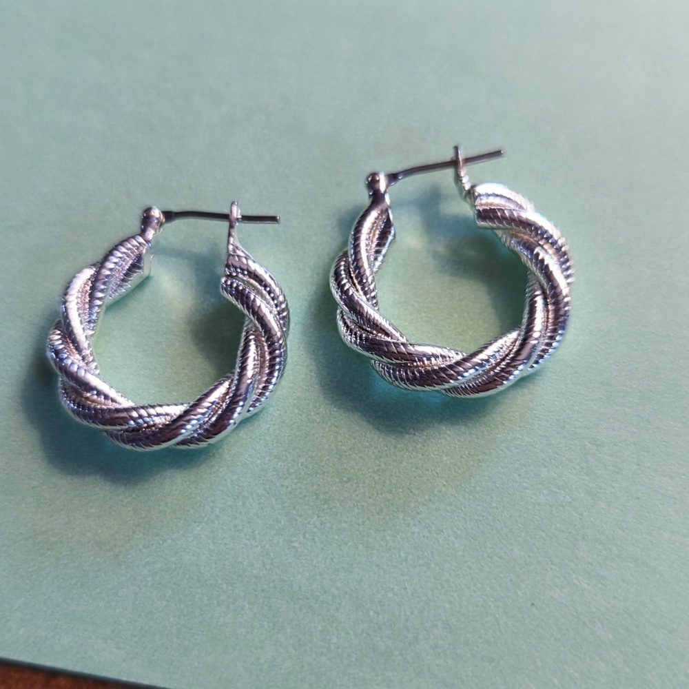 Twisted Silver Hoop tone post clip earrings